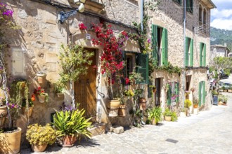 Valldemossa village on Majorca building with flowers trip in Valldemossa, Spain