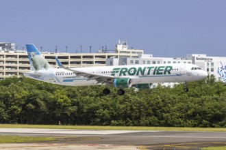 A Frontier Airlines Airbus A321 aircraft with registration N722FR at San Juan Airport, Puerto Rico