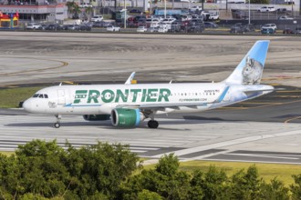 A Frontier Airlines Airbus A320neo aircraft with the registration number N395FR at San Juan