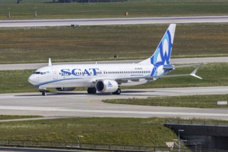 A Boeing 737 MAX 8 aircraft of SCAT with registration UP-B3742 at Munich Airport, Germany