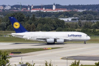 A Lufthansa Airbus A380-800 aircraft with the registration D-AIMN at Munich Airport, Germany