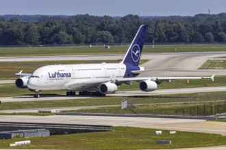A Lufthansa Airbus A380-800 aircraft with the registration D-AIMB at Munich Airport, Germany