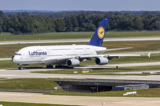 A Lufthansa Airbus A380-800 aircraft with the registration D-AIMA at Munich Airport, Germany