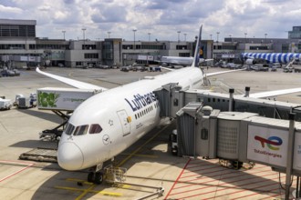 A Lufthansa Boeing 787-9 Dreamliner aircraft with the registration D-ABPD at Munich Airport,