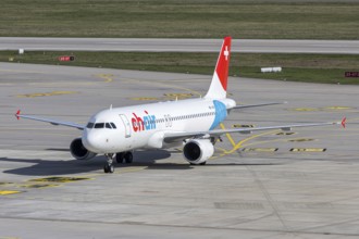 A Chair Airlines Airbus A320 aircraft with the registration HB-JOP at Stuttgart Airport, Germany