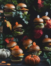 Halloween burger with pumpkins in a spooky autumnal setting