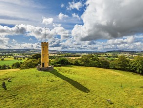 Binns Tower over Scotish farms and Forth Estuary from drone, House of the Binns, Linlithgow,