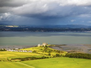 Blackness Castle over Forth Estuary from a drone, Blackness, Scotland, United Kingdom