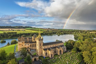 Rainbow over Linlithgow Palace from a drone, Linlithgow Loch, West Lothian, Scotland, United