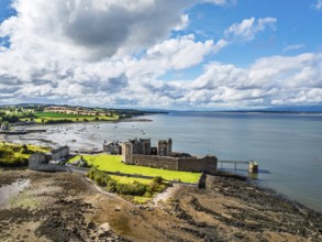 Blackness Castle over Forth Estuary from a drone, Blackness, Scotland, United Kingdom
