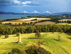 Binns Tower over Scotish farms and Forth Estuary from drone, House of the Binns, Linlithgow,