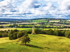 Binns Tower over Scotish farms and Forth Estuary from drone, House of the Binns, Linlithgow,