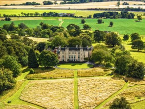 DefaultHouse of the Binns over Scotish farms and Forth Estuary from drone, Binns Tower, Linlithgow,