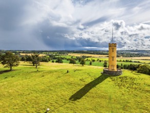 Binns Tower over Scotish farms and Forth Estuary from drone, House of the Binns, Linlithgow,