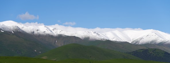 Snow-covered mountain range under a clear blue sky, landscape near Saratovka, Lesser Caucasus,