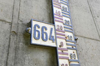 Close up of water level gauge on dam wall at Schwarzenbachtalsperre in the Black Forest region in