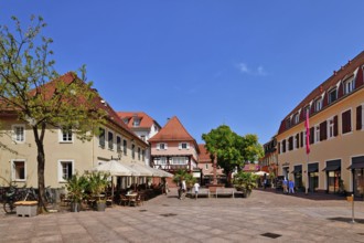 Ettlingen, Germany - August 13th 2025: Fountain at Ettlingen Schlosplatz town square on a sunny day