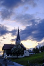 Protestant church, evening mood at Lake Weissensee, near Techendorf, Carinthia, Austria
