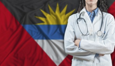 Medical professional on Antigua and Barbuda flag. Healthcare and wellness in Antigua and Barbuda,