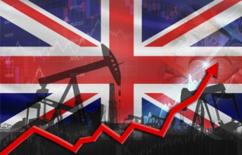 Oil production with United Kingdom flag, petrol industry. Oil pumps with United Kingdom flag