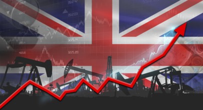 Oil pumps with United Kingdom flag. Oil production with United Kingdom flag, petrol industry