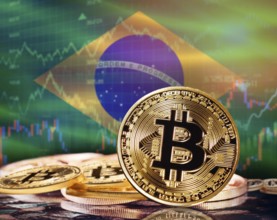 Bitcoin with Brazil flag in the background. Investors in cryptocurrency and Blockchain Technology