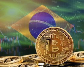 Investors in cryptocurrency and Blockchain Technology in Brazil, Concept. Bitcoin with Brazil flag