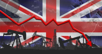Fall oil price with flag of United Kingdom on economic chart, Petrol crisis with United Kingdom