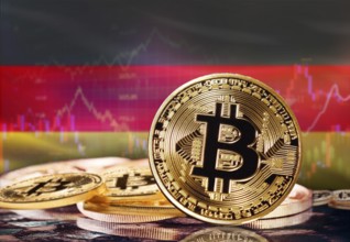 Bitcoin with Germany flag in the background. Investors in cryptocurrency and Blockchain Technology