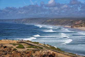 Viewpoint above the beach Praia da Bordeira, near Carrapateira, wooden walkway, rocky coast, steep
