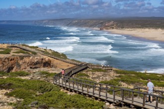 Viewpoint above the beach Praia da Bordeira, near Carrapateira, wooden walkway, rocky coast, steep