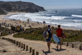Praia do Amado beach near Carrapateira, popular with surfers, wave riders, rocky coast, steep coast
