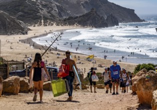 Praia do Amado beach near Carrapateira, popular with surfers, wave riders, rocky coast, steep coast