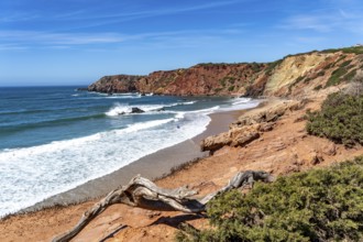 Praia do Amado beach near Carrapateira, popular with surfers, wave riders, rocky coast, steep coast