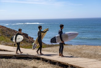 Praia do Amado beach near Carrapateira, popular with surfers, wave riders, rocky coast, steep coast
