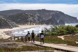 Praia do Amado beach near Carrapateira, popular with surfers, wave riders, rocky coast, steep coast