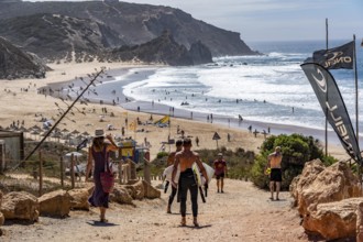 Praia do Amado beach near Carrapateira, popular with surfers, wave riders, rocky coast, steep coast