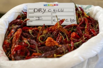 The Mercado Municipal de Tavira, market stalls of all kinds under one roof, spices, chilli peppers,