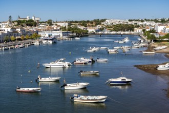 The old town centre of Tavira, on the Gilao river, boats, fishing boats, in the Algarve, Portugal