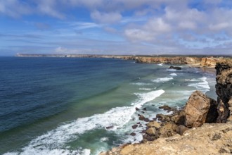 Rocky coast, cliffs in the south-west of the Algarve, near Sagres, Tonel Beach, beach, popular with