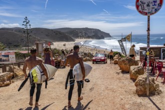 Praia do Amado beach near Carrapateira, popular with surfers, wave riders, rocky coast, steep coast