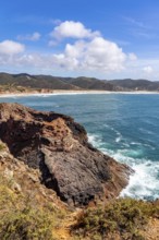 Praia do Amado beach near Carrapateira, popular with surfers, wave riders, rocky coast, steep coast