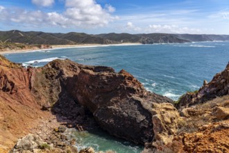 Praia do Amado beach near Carrapateira, popular with surfers, wave riders, rocky coast, steep coast