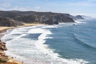 Praia do Amado beach near Carrapateira, popular with surfers, wave riders, rocky coast, steep coast