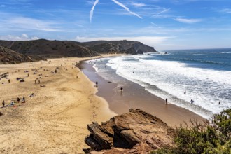 Praia do Amado beach near Carrapateira, popular with surfers, wave riders, rocky coast, steep coast