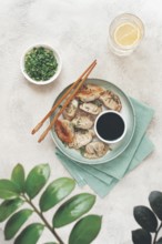 Gyoza Japanese dumplings, fried, with sauce, green onion, and sesame seeds, natural color, light