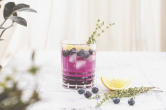 Refreshing blueberry and thyme drink served with lemon in a clear glass on a light surface