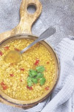 A nourishing bowl of lentil soup filled with grains and vibrant red pepper pieces sits on a