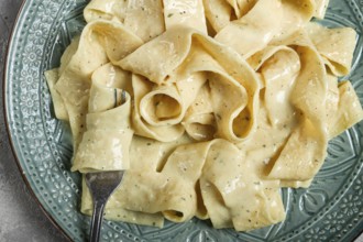 Pasta papardelle in creamy garlic sauce, traditional Italian cuisine, pasta carbonara, homemade, no