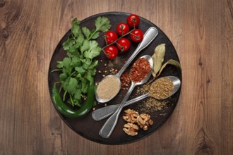 Georgian spices in spoons, on ketsi, top view, no people